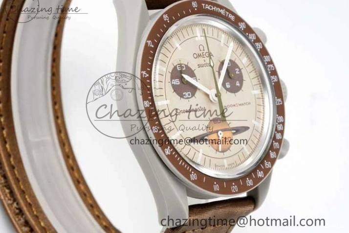 0418 Speedmaster Misson To Saturn 1:1 Best Edition Beige Dial On Nylon Strap Quartz Casual 7861